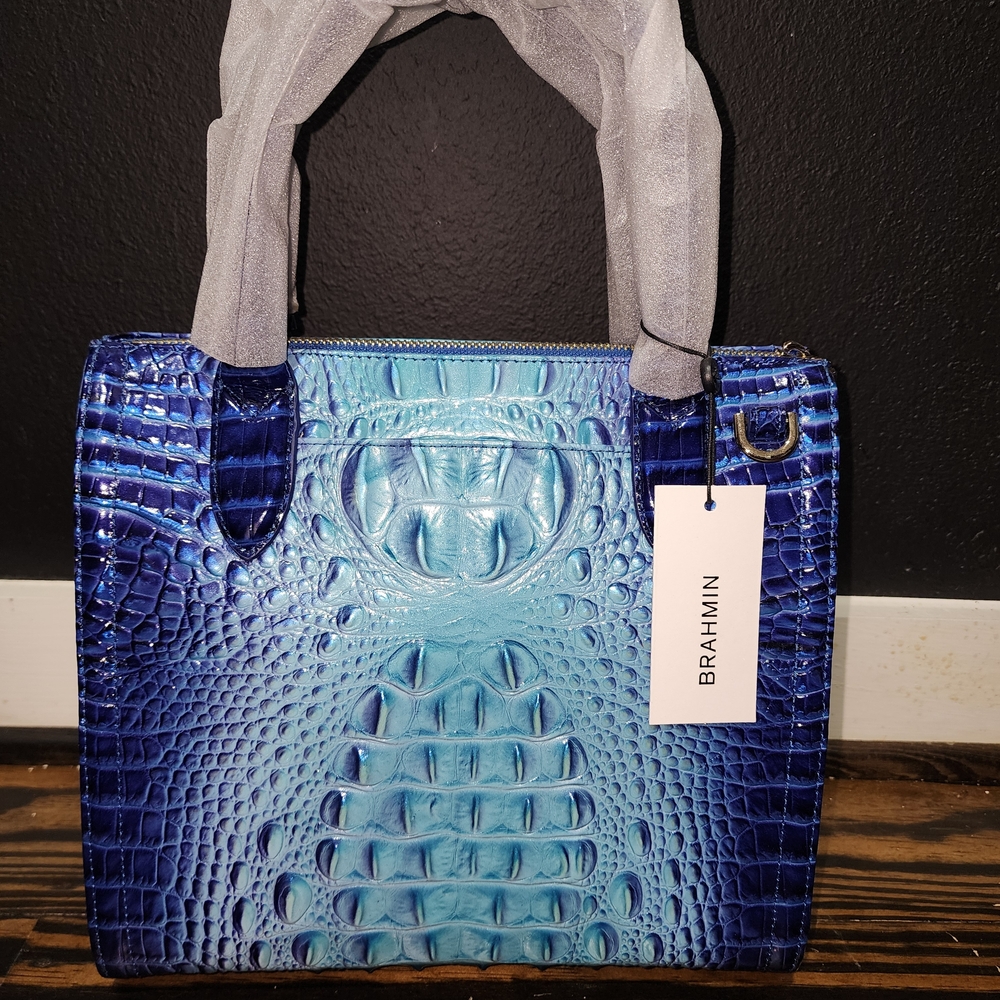 Brahmin Small Caroline Affinity Ombre Melbourne Blue Crocodile-Embossed Satchel. - Picture 8 of 10